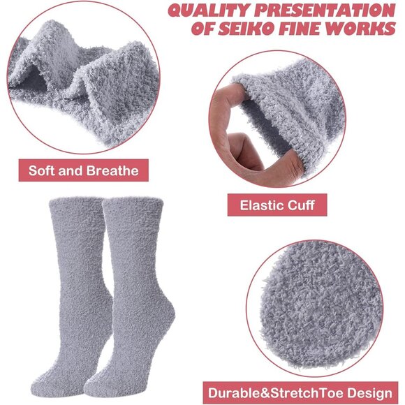 Women Fuzzy Socks Cozy Fluffy Warm Slipper Microfiber Soft Sleep Grey White - Picture 6 of 6